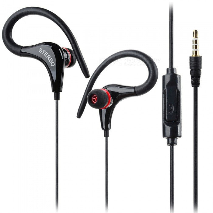 Outdoor Sports 3.5mm Plug Earhook Earphone w/ Mic - Black